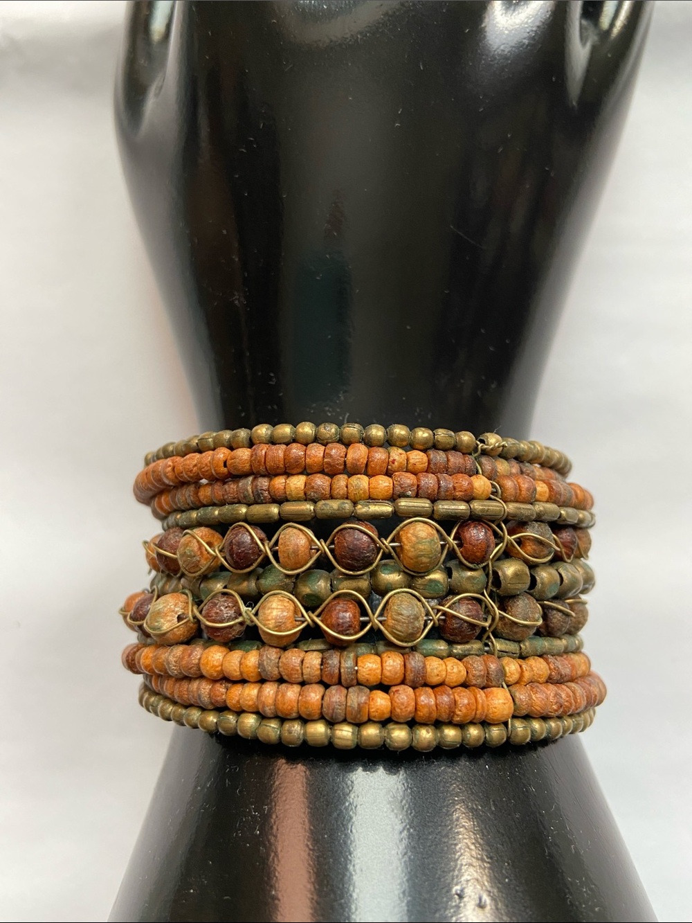 Vintage Chunky Thick, Beaded Bracelet Metal and Wood
